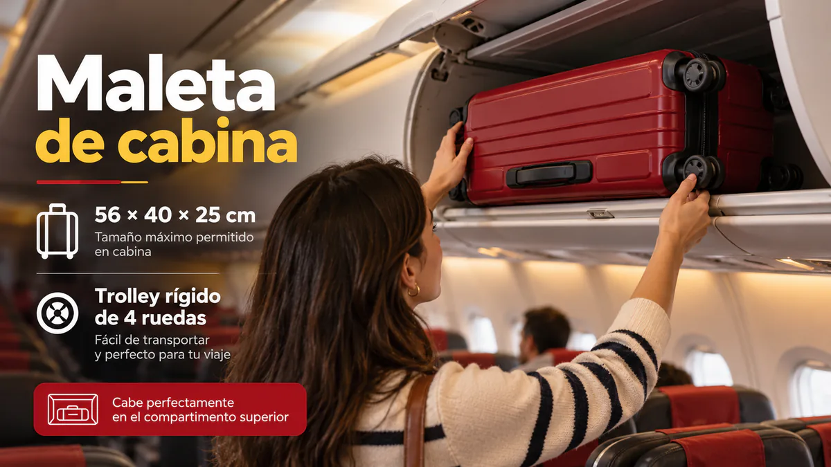 Maleta de cabina guardada en el compartimento superior de un avión