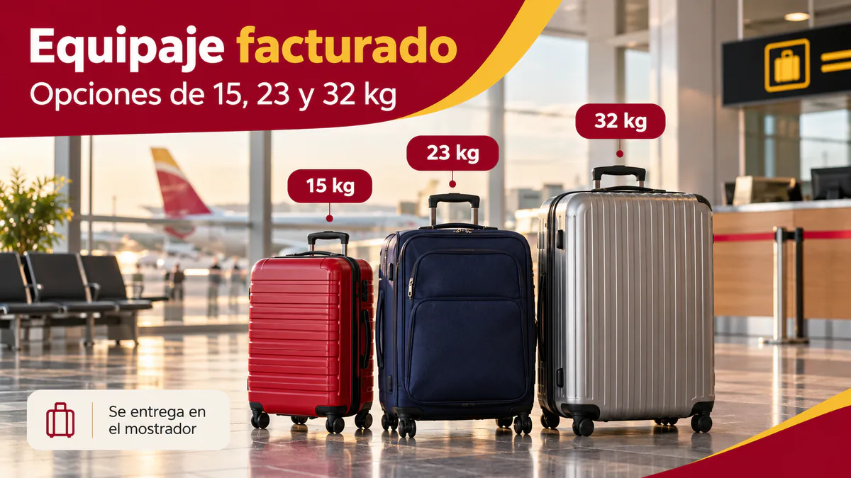 Tres maletas que representan el equipaje facturado de 15, 23 y 32 kg de Iberia