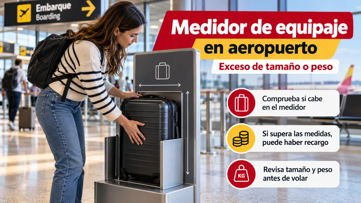 Persona comprobando una maleta en un medidor de equipaje del aeropuerto