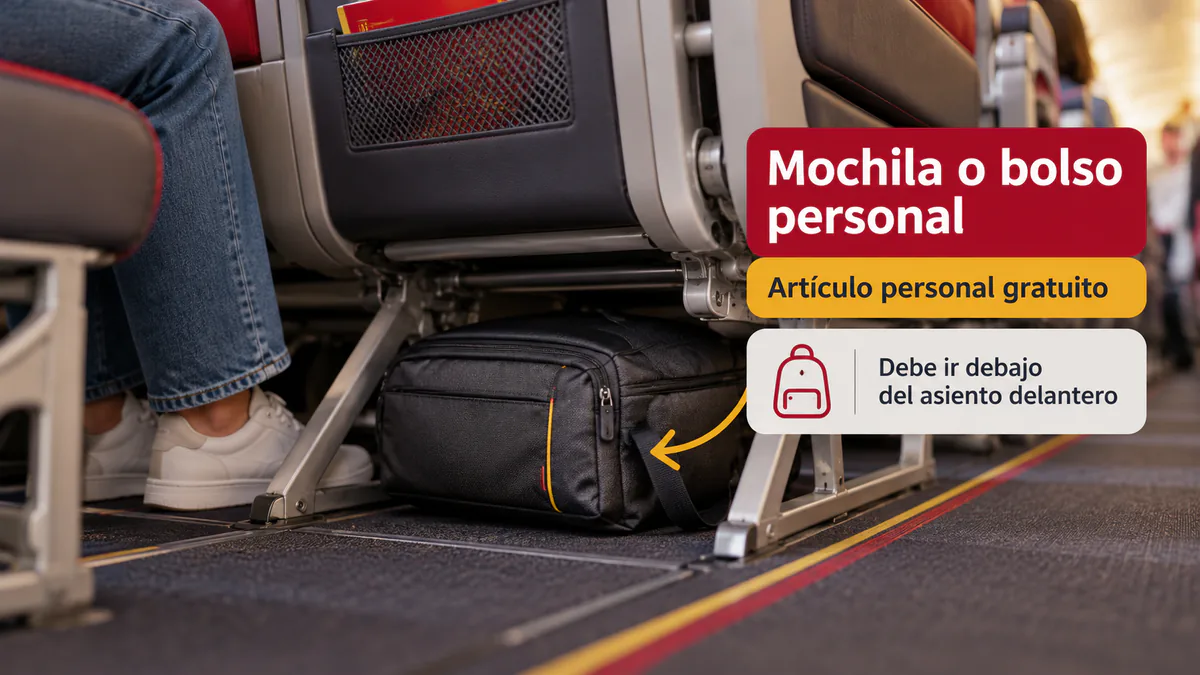 Mochila pequeña colocada debajo del asiento delantero de un avión