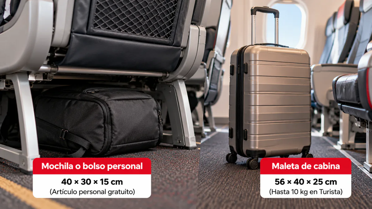 Comparación entre el artículo personal y la maleta principal de cabina de Iberia