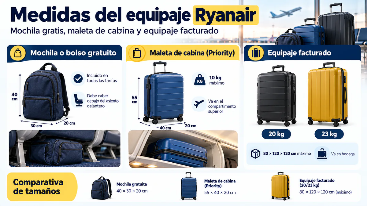 Mochila bajo el asiento, maleta de cabina y maletas facturadas con sus límites de Ryanair