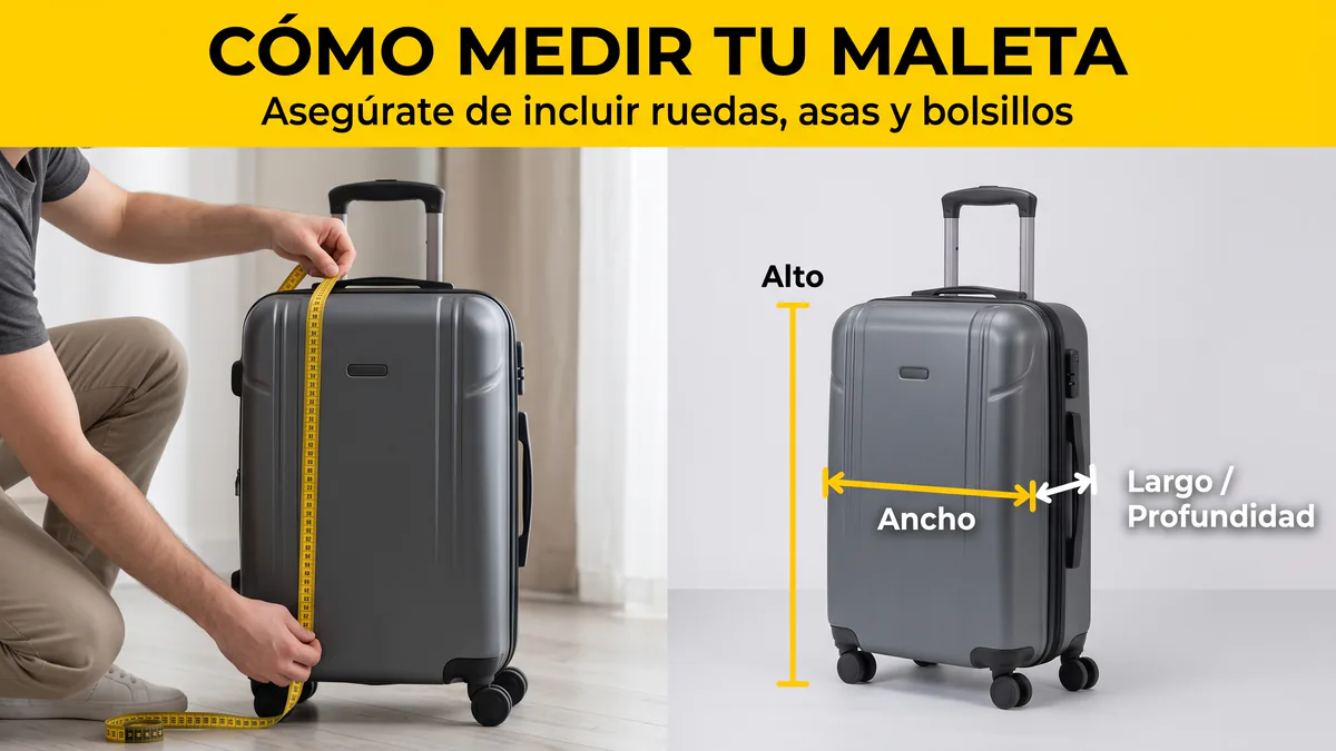 Medición exterior de una maleta incluyendo ruedas, asas y fondo