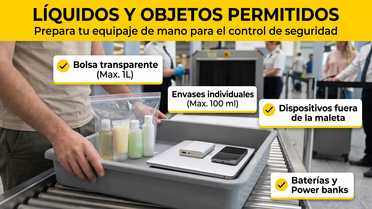Bolsa transparente de líquidos, dispositivos y batería externa en un control de seguridad