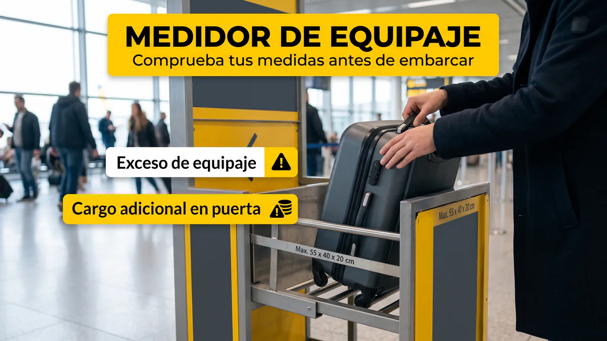 Persona comprobando una maleta en un medidor de equipaje del aeropuerto