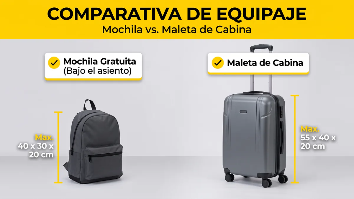 Comparación entre el bolso gratuito y la maleta de cabina de Vueling