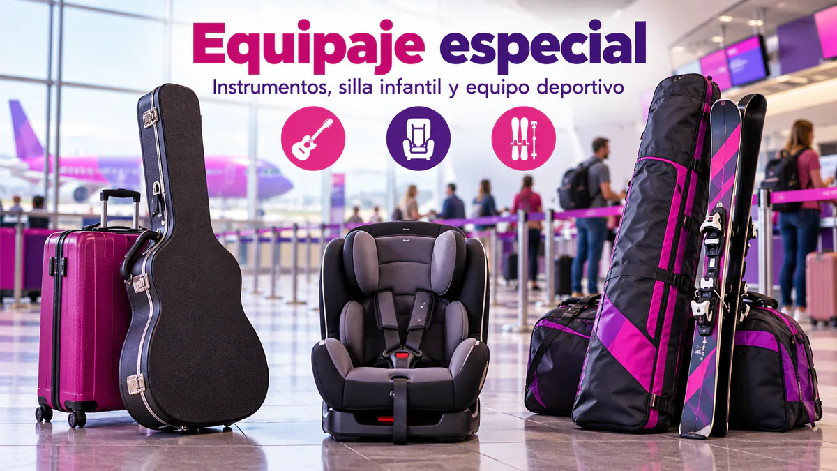Instrumento musical, bicicleta y equipo deportivo preparados para viajar