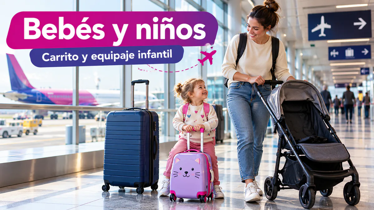 Familia viajando con un bebé, carrito y equipaje infantil