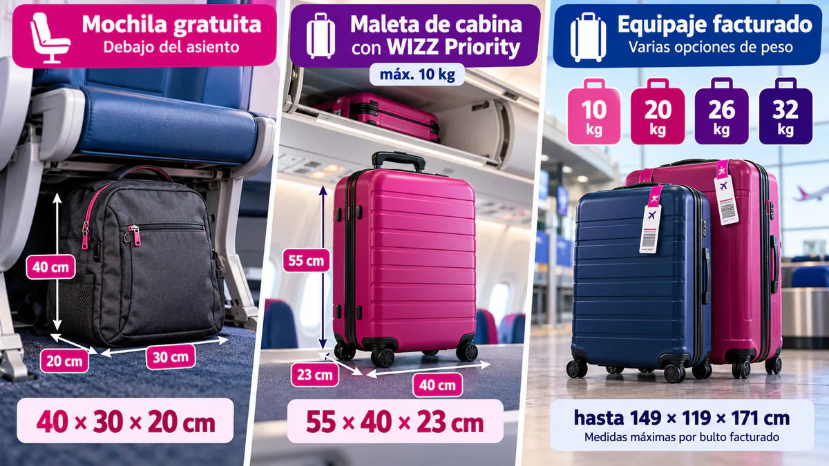 Mochila gratuita, trolley Priority y maletas facturadas con las medidas de Wizz Air