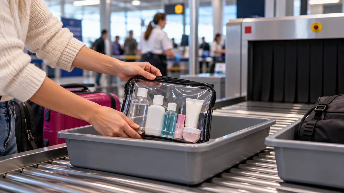 Bolsa transparente con líquidos y batería externa para el equipaje de cabina