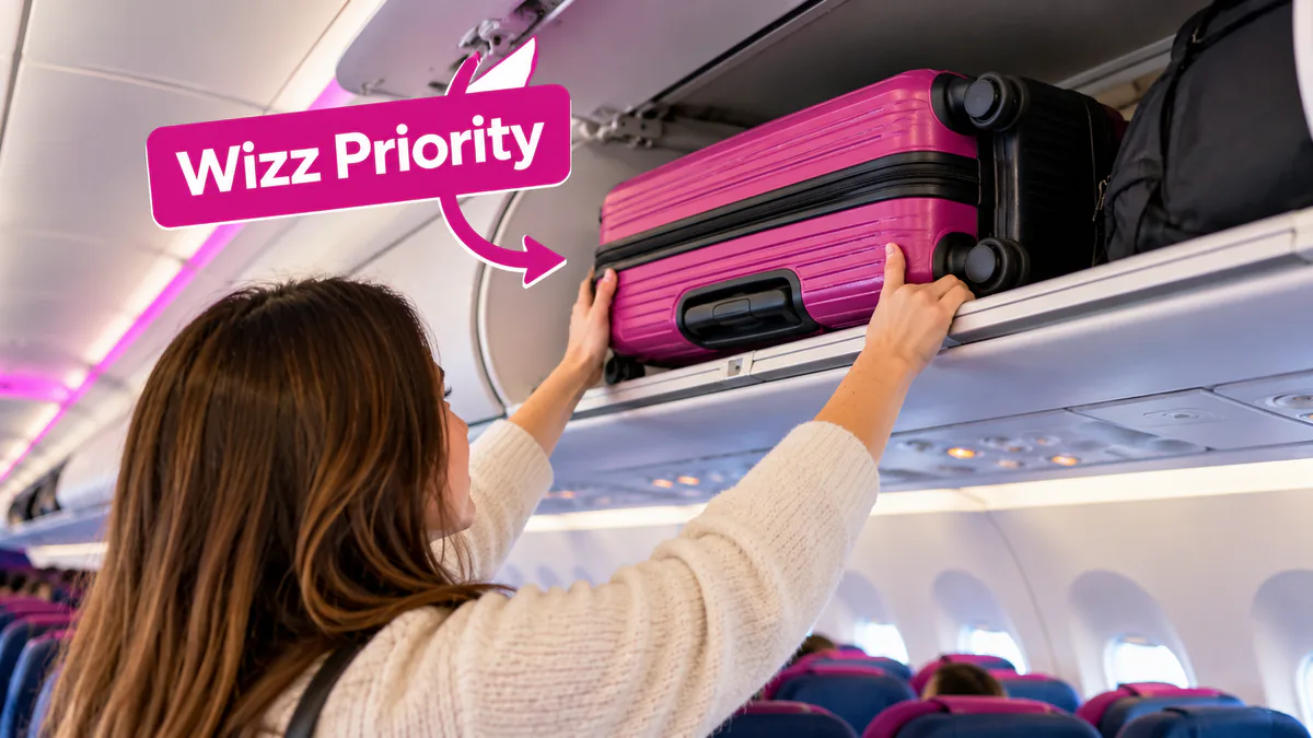 Maleta de cabina guardada en el compartimento superior de un avión