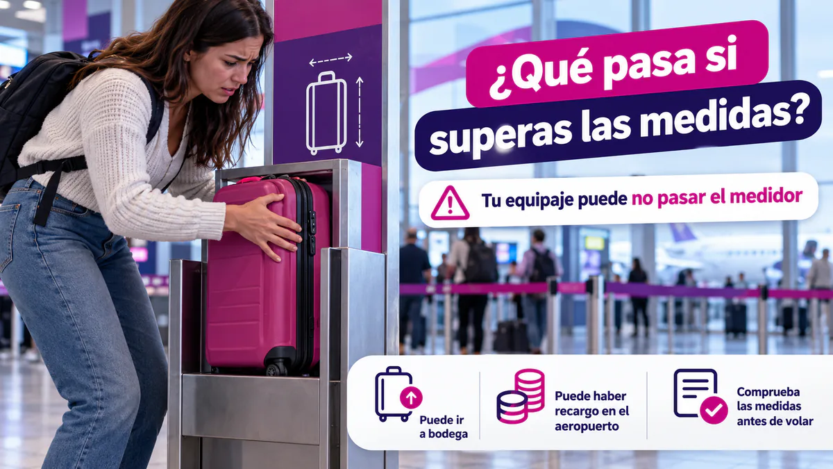 Persona comprobando una maleta en un medidor de equipaje del aeropuerto