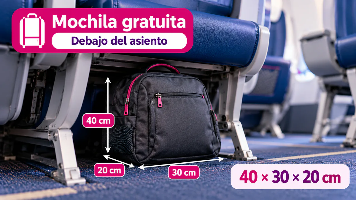 Mochila pequeña colocada debajo del asiento delantero de un avión