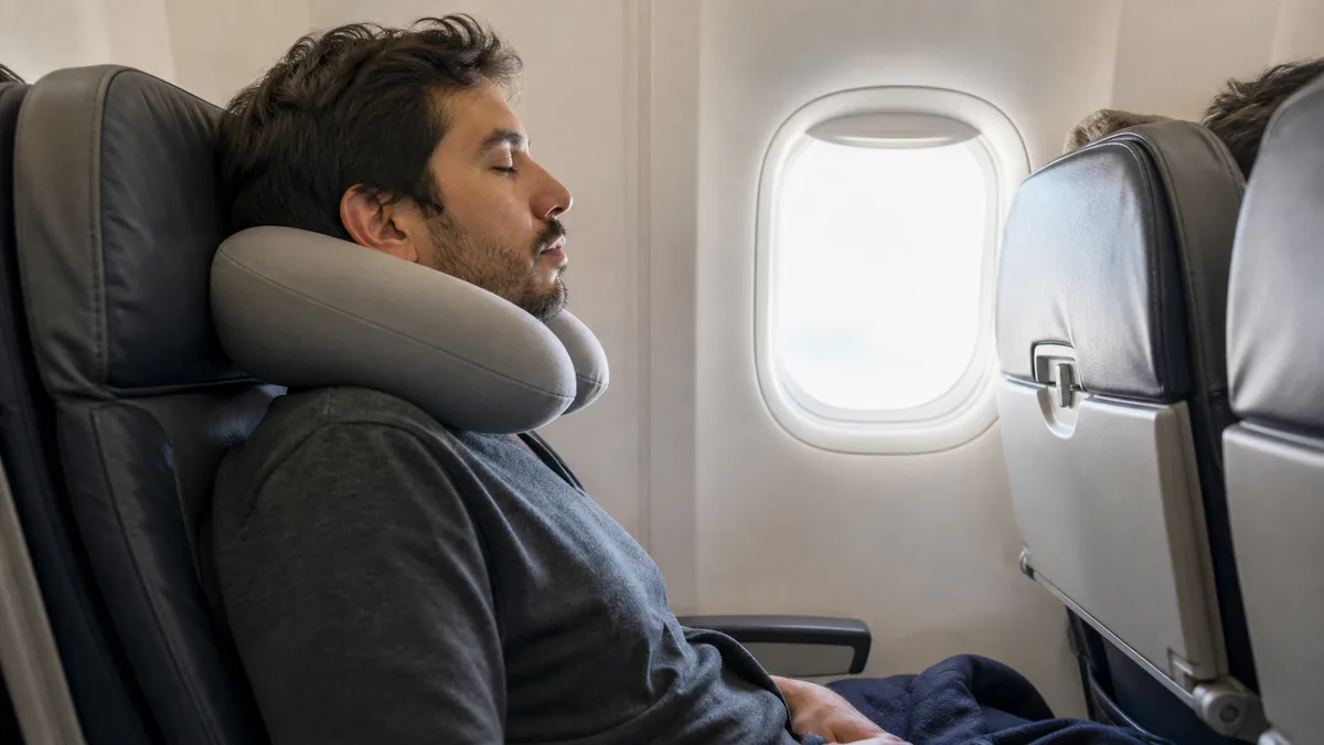 Pasajero utilizando una almohada de viaje para dormir en un avión
