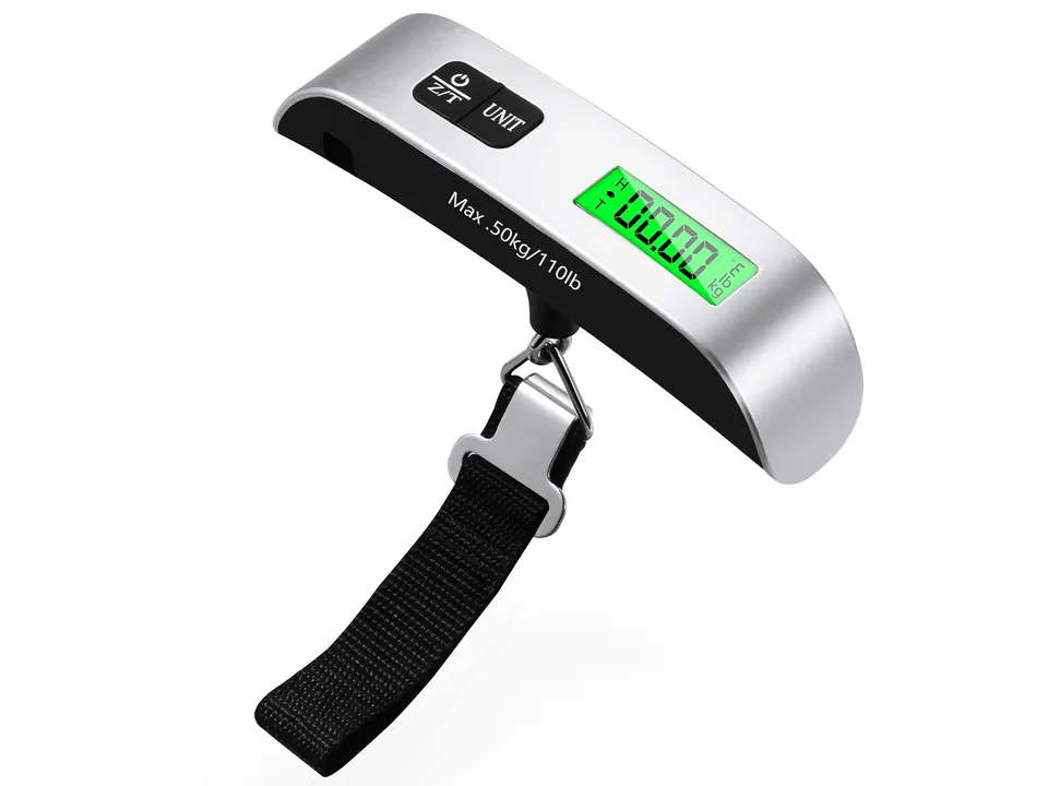 Báscula de equipaje Blendura plateada con pantalla retroiluminada y correa