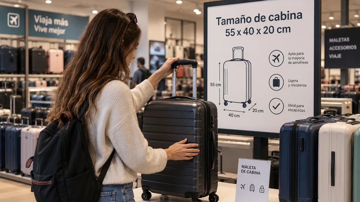 Viajera junto a una maleta de cabina 55x40x20
