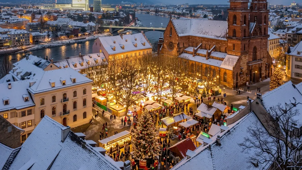 Mercado de Navidad nevado junto a la catedral de Basilea