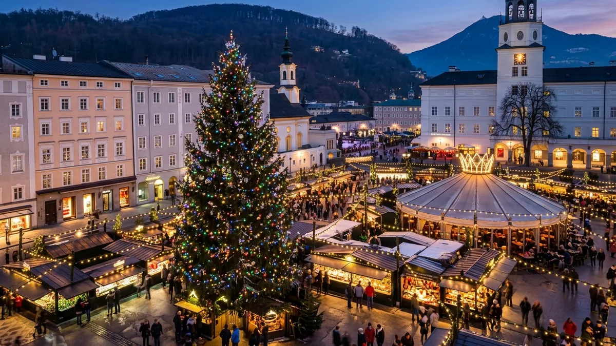 Mercado de Navidad de Salzburgo iluminado junto al árbol de la plaza