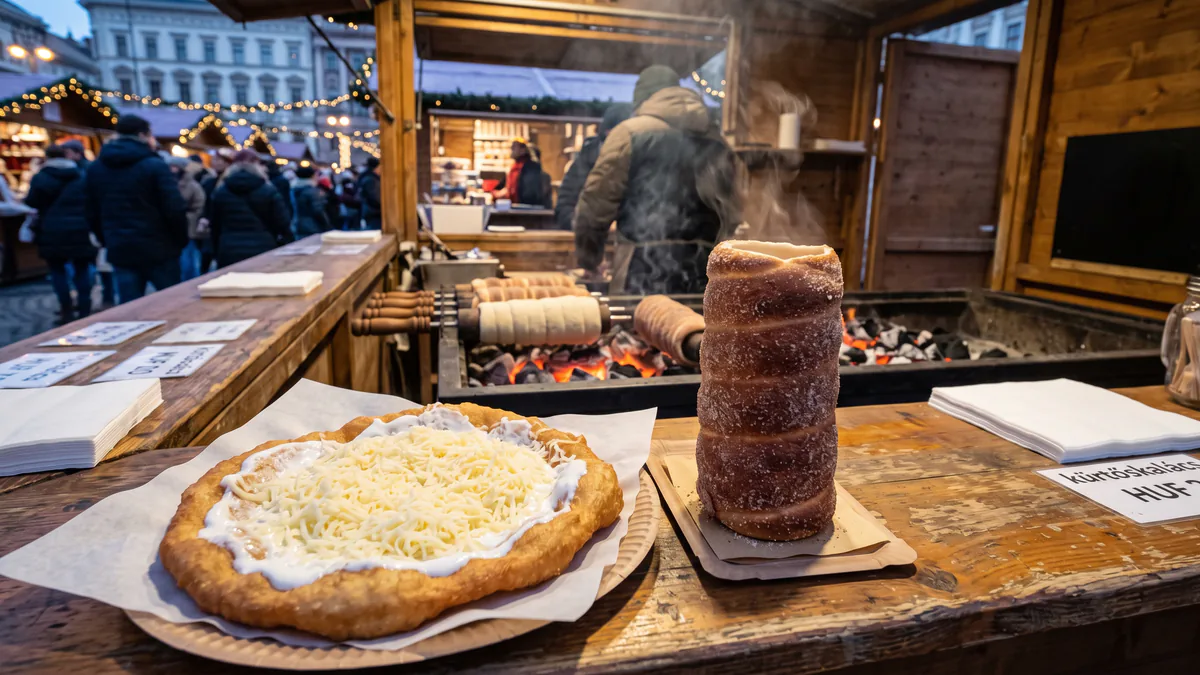 Lángos y kürtőskalács en un puesto navideño de Budapest
