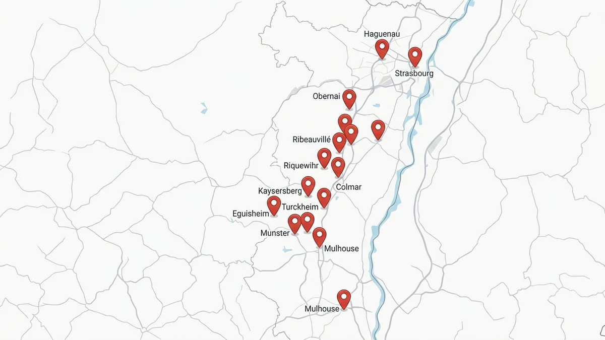 Mapa orientativo de los principales mercadillos navideños de Alsacia