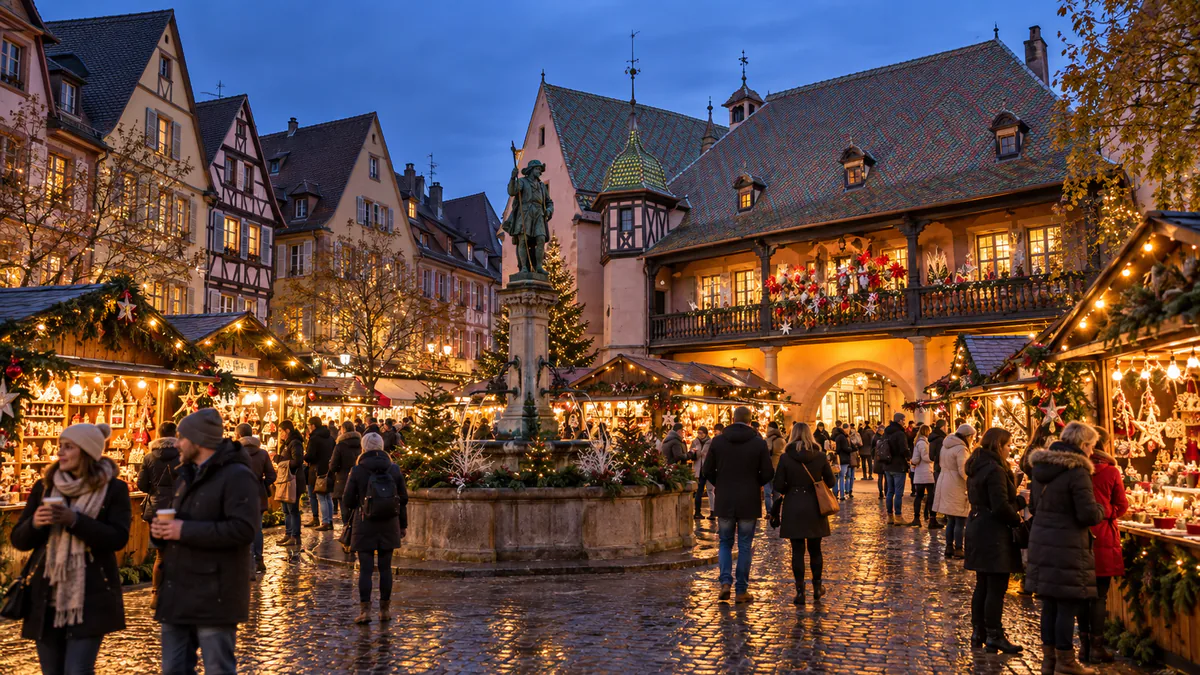 Mercado de Navidad iluminado en una plaza de Colmar al anochecer