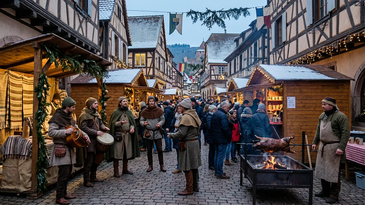 Mercado medieval de Navidad con músicos y puestos en Ribeauvillé