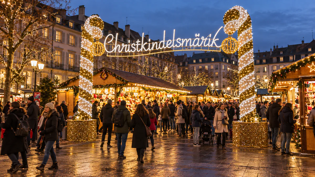 Entrada iluminada de un mercado de Navidad en Estrasburgo
