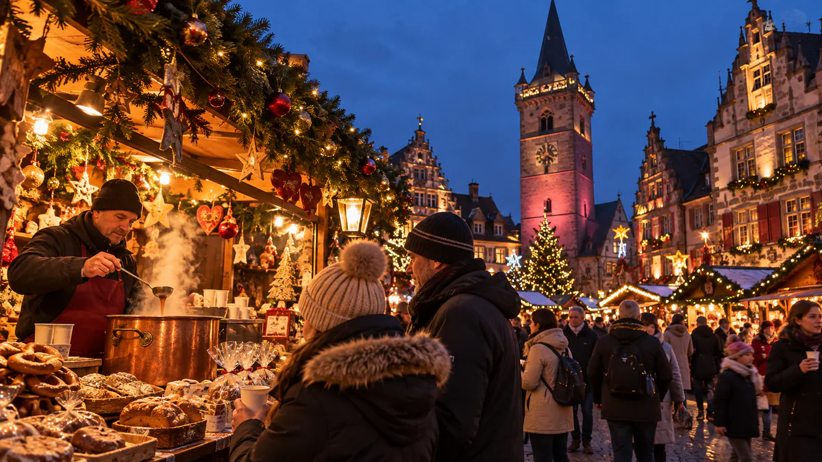 Puestos de gastronomía y artesanía en el mercado de Navidad de Obernai