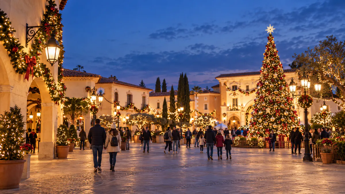 Plaza de PortAventura Park iluminada con árboles y decoración navideña