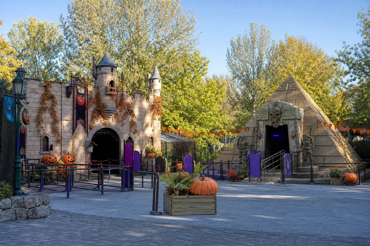 Zona familiar con castillo y pirámide decorados para Halloween en Madrid