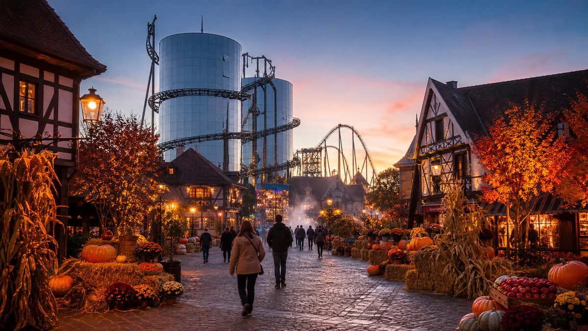 Recreación de Europa-Park con arquitectura europea, calabazas y montañas rusas durante Halloween