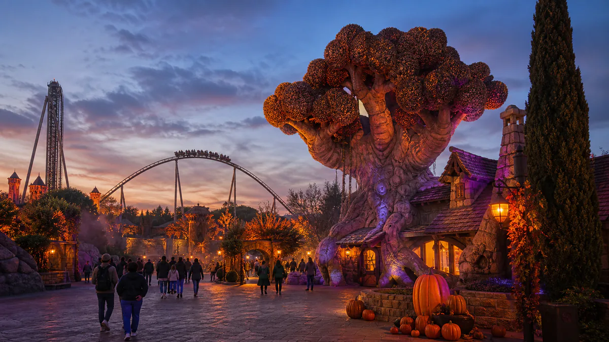Recreación de Gardaland con arquitectura fantástica y montañas rusas durante Halloween