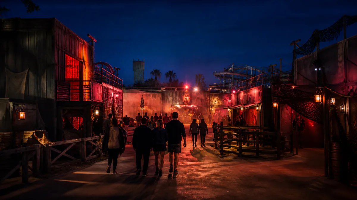 Recreación de un scream park nocturno con recintos de terror y visitantes adultos