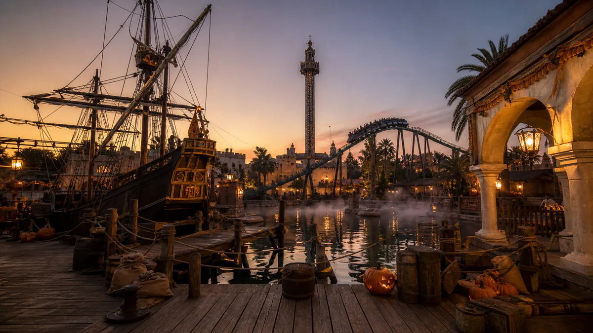 Recreación de un puerto colonial, una carabela y atracciones de Isla Mágica durante Halloween