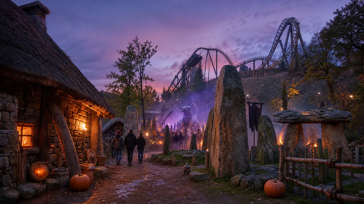 Recreación de una aldea gala, menhires y una montaña rusa de Parc Astérix durante Halloween
