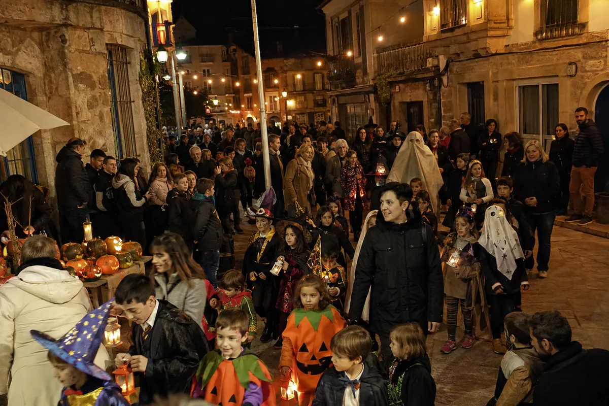 Pasarrúas familiar del Samaín en Cedeira con calabazas y faroles en el casco viejo
