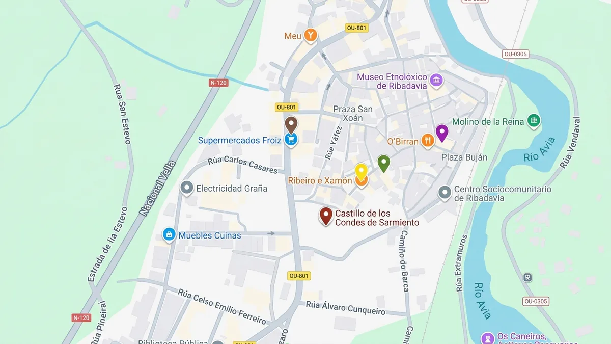Mapa orientativo de las zonas principales de la Noite Meiga en Ribadavia