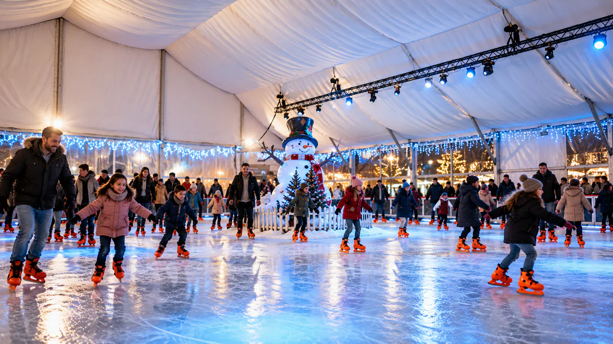 Recreación de una familia en la pista de hielo cubierta de Zaragoza en Navidad