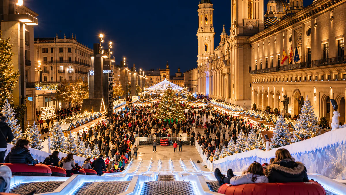 Recreación del ambiente navideño de la Plaza del Pilar con mercado y atracciones